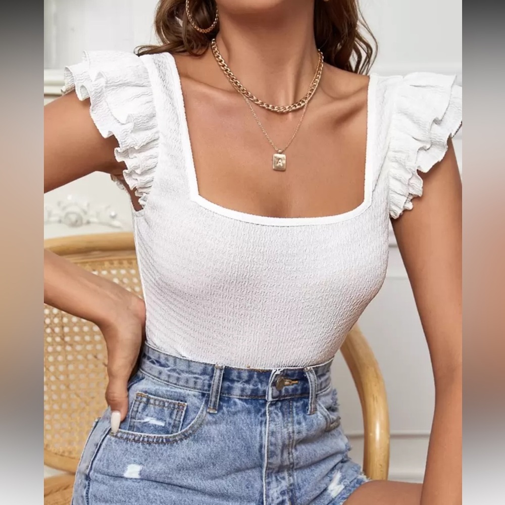 White Ruffle Sleeve Top - Picture 2 of 16